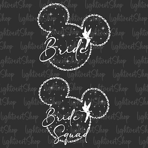 May include: Two white Mickey Mouse ears with a white Tinkerbell silhouette inside each ear. The left ear has the word "Bride" written inside and the right ear has the words "Bride Squad" written inside. The background is black with a white pattern of hearts and stars.