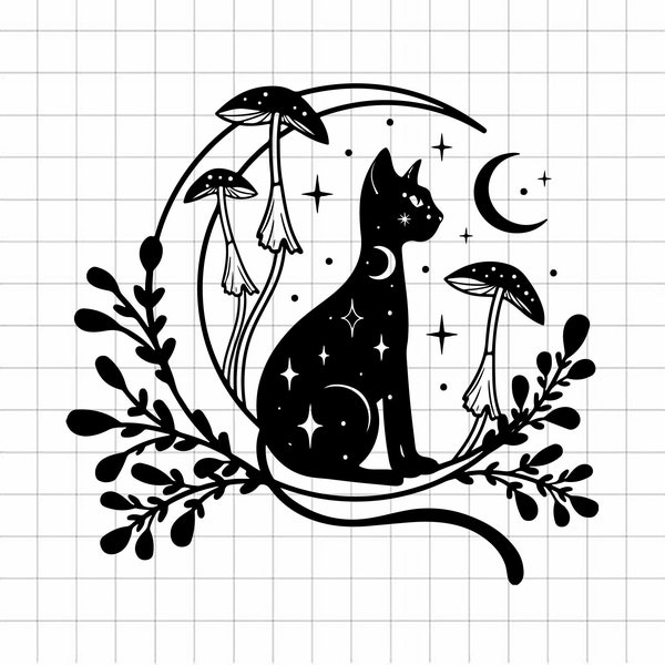 Black cat moon child magic witch Svg file cricut, Mystic Cat Svg, Wiccan pagan Cat floral SVG, Mystical Cat magic moon Svg silhouette