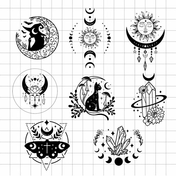 Witchcraft Pagan wiccan moon phases Crystal bundle Svg, Halloween Witch boho Mystical SVG, Wicca Magic gothic bundle Svg cricut clipart