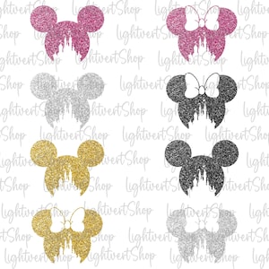 May include: Set of six glitter Mickey Mouse and Minnie Mouse head silhouettes with a castle silhouette inside. The silhouettes are in pink, silver, gold, black, and white.