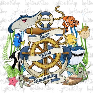 May include: A nautical-themed illustration featuring an anchor, ship's wheel, and various sea creatures. The design includes a banner with the text "Just Keep Swimming." The color palette consists of blues, browns, and yellows, with a white background.