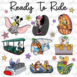 Puede incluir: Un conjunto de nueve ilustraciones de personajes de dibujos animados coloridos que representan personajes de Disney montando en varios paseos. Los personajes incluyen Mickey Mouse, Minnie Mouse, Dumbo, Goofy, Donald Duck, Stitch y Winnie the Pooh. El texto "Ready To Ride" está en la parte superior de la imagen.