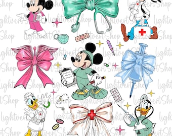 May include: A set of colorful digital clipart featuring various Disney characters dressed as healthcare professionals. Mickey Mouse, Minnie Mouse, Donald Duck, and Goofy are depicted wearing scrubs, doctor's coats, and nurse uniforms. The clipart includes medical accessories like a stethoscope, a syringe, a thermometer, and a first aid kit. The characters are surrounded by colorful bows and stars.