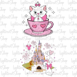 Taza de té de gato rosa para fiesta Png, personajes de dibujos animados Png, regalo de San Valentín para ella, camiseta de sublimación para niños Png, camiseta de castillo mágico Png