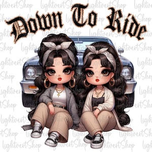 Chicana a caballo (Png), camiseta chola latina de la vieja escuela, estilo chibi de mejores amigas (Png), chica latina (Png), diseño de chica chicana, sublimación (Png)