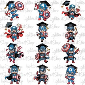 Pacchetto PNG di personaggi eroici per la laurea 2025, simpatico cappello di laurea in formato PNG, clipart di laurea di supereroi, supereroi laureati 2025 in formato PNG