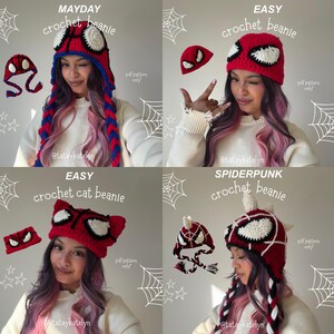 May include: A collection of four crochet beanies featuring superhero-inspired designs. The Mayday, Easy, and Spiderpunk styles include red, white, and black yarn with eye motifs, long braided tassels, cat ears, or spikes, all labeled as pdf pattern only.