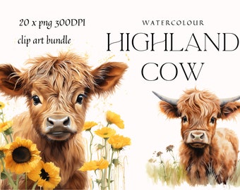 Highland cow clipart,watercolor,baby animals, baby shower decor, nursery wall art, highland cow clip art, clip art bundle, commercial use