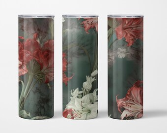 20oz Skinny Tumbler Red and White Amaryllis Sublimation Design Templates, Tumbler Straight PNG Digital