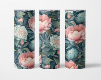 20oz Skinny Tumbler Green/pink Floral Sublimation Design Templates, Tumbler Straight PNG Digital