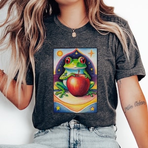 Chemise grenouille et pomme, cadeau pour diététicienne, chemise de diététiste pommes, santé et bien-être, carte de tarot art céleste, t-shirt dessin au crayon