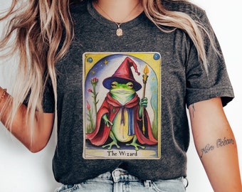 The Wizard Frog Tarot Card T-Shirt, Funny Frog Crayon Art Drawing Shirt, Goblincore Clothing, Witchy Cottagecore Tee, Tarot Lover Gift
