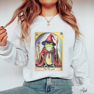 The Wizard Frog Tarot Card Sweatshirt, Funny Frog Crayon Art Drawing Sweater, Goblincore Clothing, Witchy Cottagecore Tee, Tarot Lover Gift