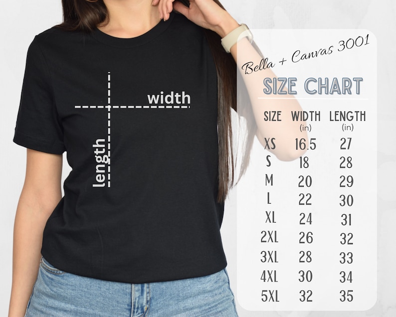 Pu&ograve; includere: Tabella delle taglie per le t-shirt Bella + Canvas 3001, che mostra le misure di larghezza e lunghezza in pollici per le taglie XS a 5XL.