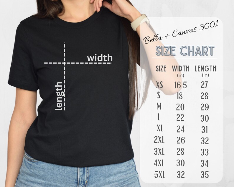 Puede incluir: Tabla de tallas para camisetas Bella + Canvas 3001, que muestra las medidas de ancho y largo en pulgadas para las tallas XS a 5XL.
