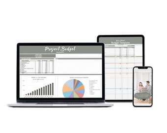 May include: A laptop, tablet, and smartphone displaying a project budget template. The laptop screen shows a budget dashboard with charts and graphs. The tablet screen shows a budget template with rows and columns. The smartphone screen shows a couple working on a budget together.