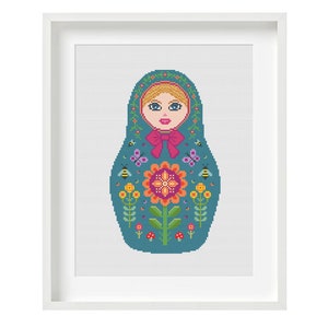 Cross Stitch Pattern PDF, Folk Babushka, Russian Doll with Retro Flowers, Insects, PDF Download designed by ProjectAlleycatt