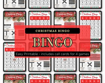 Op de afbeelding: Een set met printbare kerstbingo-kaarten in rood en wit. De kaarten bevatten verschillende kerstthema-afbeeldingen en nummers. De tekst op de kaarten luidt "Christmas Bingo" en "Easy Printable - includes call cards for 4 games".