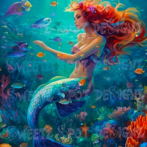 Bella sirenetta, Sea Life, PNG, Copertina, Sotto il mare, sublimazione, DTF, Clipart, Donna, Sirena colorata, tumbler, moda