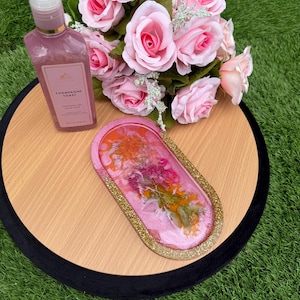 Decorative Pink Vanity Tray- Resin Tray, Oval Tray, Perfume Tray, Trinket Tray, Jewelry Tray, Kitchen Tray, Bathroom Tray, Display Tray