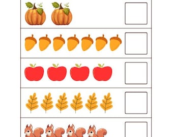 Hoja de trabajo imprimible para contar los números del otoño: actividad de conteo con temática de otoño para niños