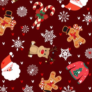 May include: A red background with a repeating pattern of Christmas-themed illustrations. The illustrations include reindeer, Santa Claus, gingerbread people, candy canes, snowflakes, and Christmas jumpers.