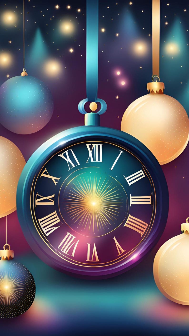 New Year Countdown Phone Wallpaper | Festive Clock & Ornament Digital