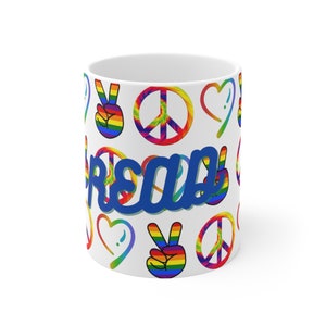 Colorful Peace and Love 11 oz Mug: Embrace the Joy of Reading with Vibrant Design