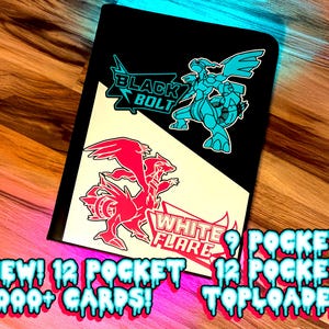 May include: Black card binder with the text "BLACK BOLT" and "WHITE FLARE" with cartoon graphics. The binder also has the text "NEW! 12 POCKET 1000+ CARDS! 9 POCKET 12 POCKET TOPLOADER".