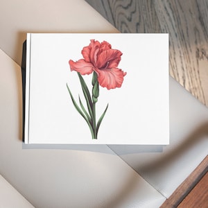 May include: A white book with a watercolor illustration of a coral-colored iris flower. The flower has ruffled petals and green leaves and stem. The book is on a light gray leather chair with a wooden arm.
