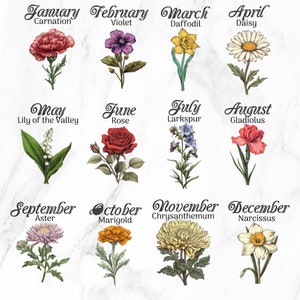 May include: A floral illustration featuring twelve different flowers, each representing a month of the year. The flowers include a red carnation, purple violet, yellow daffodil, white daisy, and a red rose. Each flower is labeled with its corresponding month.