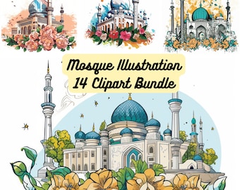 Eid Mosque Illustration, Eid Bundle, Mosque Eid Mubarak Floral Clipart PNG