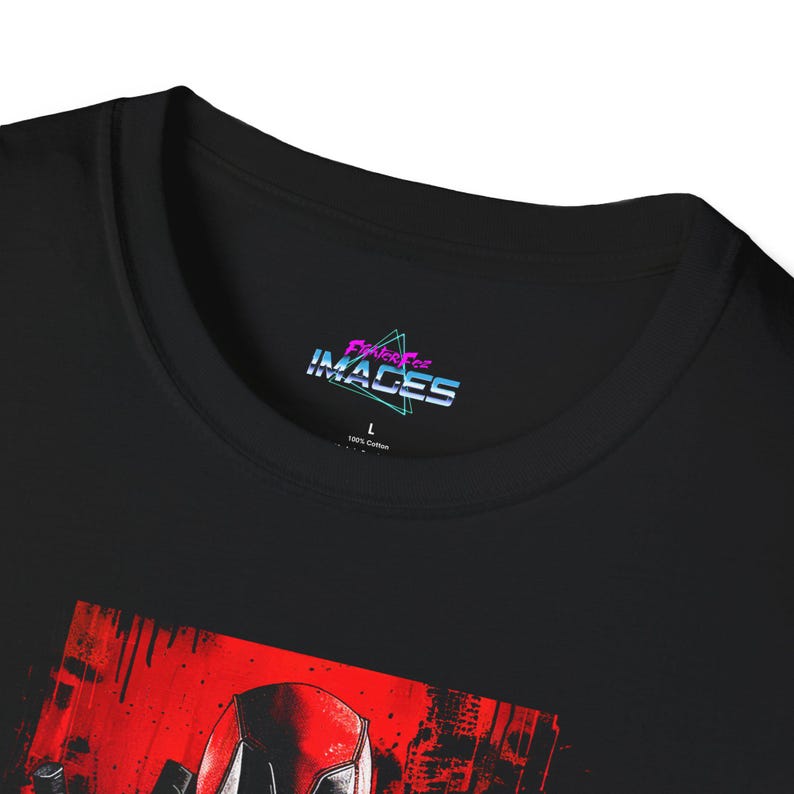 May include: Black t-shirt with a graphic of a character in red and black. The shirt has a crew neck and the tag reads "Fight for Images" and "L 100% Cotton".