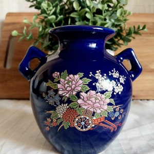 Vintage Kleines Gefäß Kobalt Chinoiserie Kutani Vase Doppelgriff Blau China Hamptons GM Grand Millennial Ornament Decor
