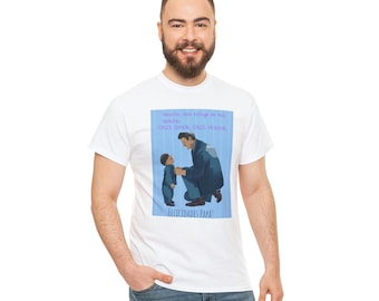 May include: White t-shirt with a blue and white illustration of a father and son. The text on the shirt reads "towife, eles refuge de ma de ERES OMOR, ERST HOGOUL FELICIDADES PAPA!"