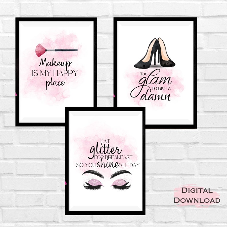 Set of 3 Printable Pink Makeup Wall Art: makeup is My Happy Place too ...