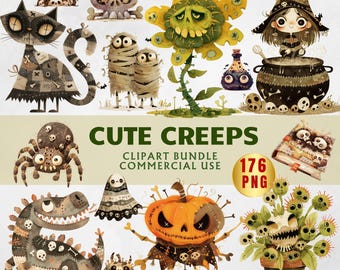 Lot de cliparts personnages effrayants | Créatures d'Halloween 176 PNG | Illustrations de dessins animés effrayants