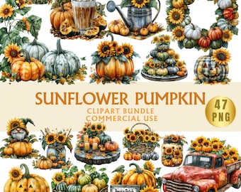 May include: A collection of watercolor illustrations featuring pumpkins and sunflowers. The images include pumpkins decorated with sunflowers, a pumpkin wreath, and a red pickup truck filled with pumpkins. The text "Sunflower Pumpkin" is displayed.