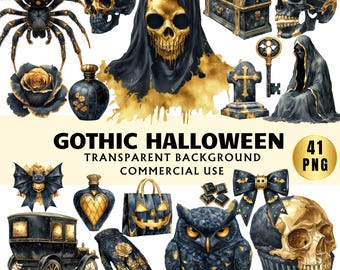 May include: A collection of gothic Halloween-themed illustrations in black and gold. The image includes a spider, skulls, a rose, a carriage, an owl, and other spooky elements. Text reads "Gothic Halloween" and "Transparent Background Commercial Use".