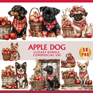 Puede incluir: Conjunto de imágenes prediseñadas de acuarela con varias razas de perros, cada una adornada con un pañuelo a cuadros rojo y blanco. Los perros están rodeados de cestas de manzanas rojas y hojas de otoño. El texto "APPLE DOG" está presente.