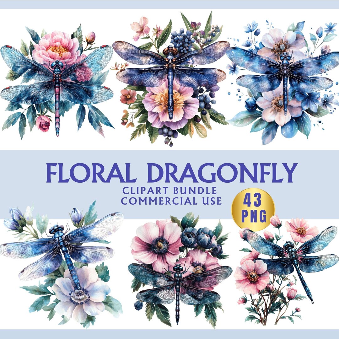 Watercolor Dragonfly Clipart Bundle, Floral Dragonfly PNG Set, Insect ...