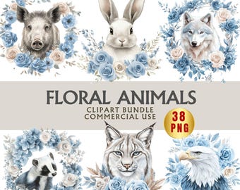 Floral Woodland Animals Clipart Set Watercolor Forest Animal 38 PNG for Nursery Decor