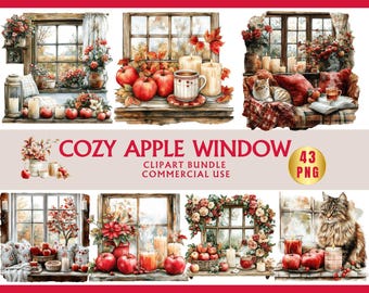 May include: Watercolor illustrations of cozy window scenes with apples, candles, and floral arrangements. The text "COZY APPLE WINDOW" is displayed, along with "CLPART BUNDLE COMMERCIAL USE" and a "43 PNG" badge. The images evoke a warm, autumnal atmosphere.