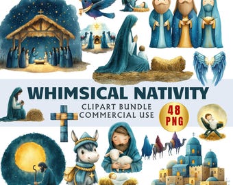 Paquete de imágenes prediseñadas de la Natividad / Conjunto de 48 imágenes PNG de la Sagrada Familia en acuarela