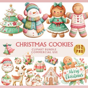 Pode incluir: Pacote de clipart de biscoitos de Natal em aquarela com árvore de Natal, boneco de neve, bonecos de gengibre, Papai Noel e outros elementos festivos. A imagem inclui o texto "Christmas Cookies" e "152 PNG".