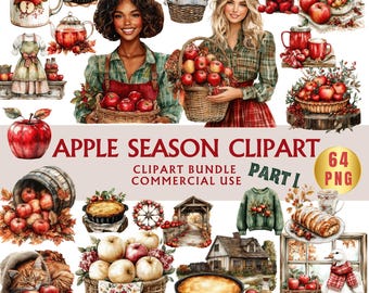 Puede incluir: Un paquete de imágenes prediseñadas digitales titulado "Apple Season Clipart Part I" con ilustraciones de manzanas, cestas, tartas y personas. Las imágenes incluyen una variedad de elementos temáticos de otoño, como un suéter, un puente cubierto y una casa acogedora.
