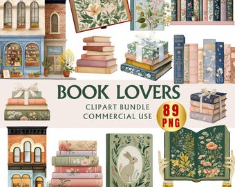 Puede incluir: Un paquete de imágenes digitales con ilustraciones de librerías, pilas de libros con cintas, libros abiertos con patrones florales botánicos, un libro con un conejo y estanterías con el texto BOOK LOVERS CLIPART BUNDLE.