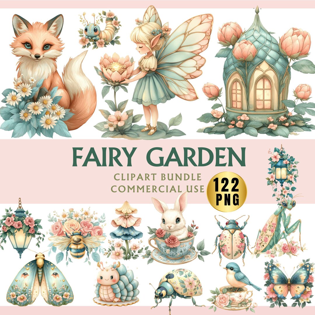 Watercolor Fairy Garden Clipart Bundle, Fantasy Fairy House, Princess ...
