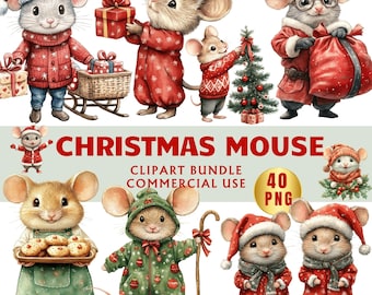 May include: A set of watercolour illustrations of mice in Christmas outfits. The mice are shown with presents, decorating a tree, and wearing Santa hats and coats. The text "CHRISTMAS MOUSE" is displayed.