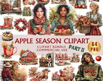Op de afbeelding: Een digitale kunstcollectie getiteld "Apple Season Clipart Part II" met verschillende illustraties. De afbeeldingen bevatten mensen, dieren en objecten die geassocieerd worden met de herfst en appels, zoals manden met appels, een rode schuur en mokken cider.